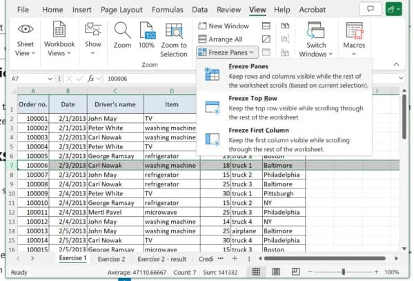 Excel Freeze Pane