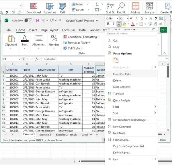 Excel Inserting Cut Cells